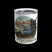 Tumbler with a graphic of a military vehicle and text on a white background