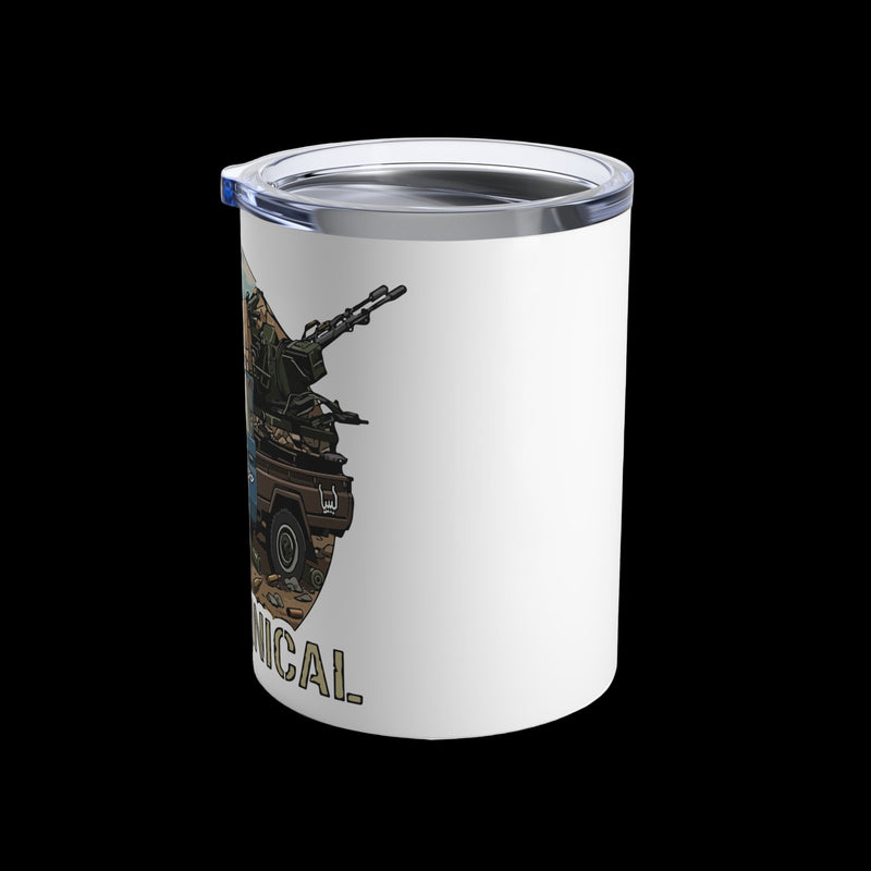 White tumbler with a military vehicle graphic and 'Mechanical' text on a white background