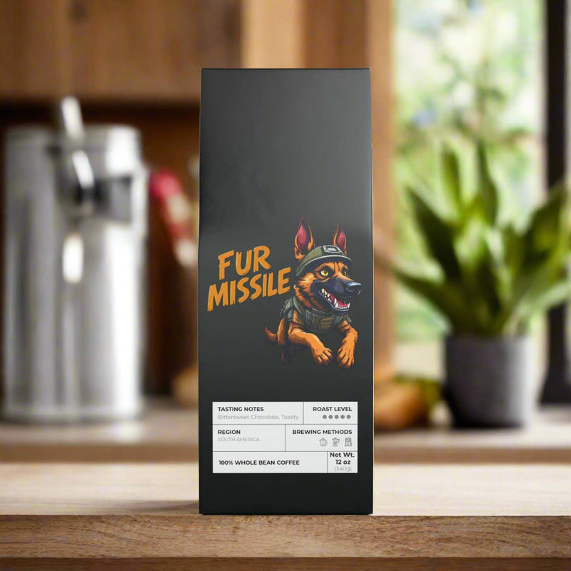 Coffee package with a dog illustration and 'Fur Missile' text on a white background