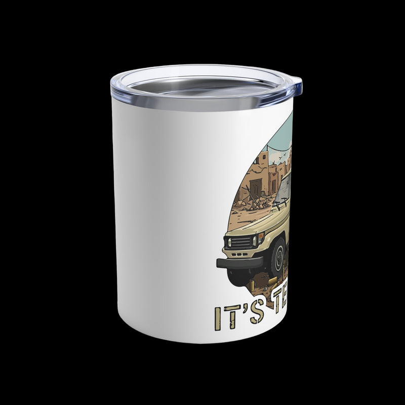 White tumbler with a graphic of a van and text on a white background