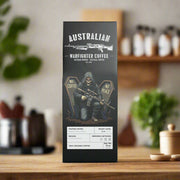 Australian Warfighter Coffee packaging with a skeleton holding a rifle and 'No Coffee, No Peace' text on a black background.