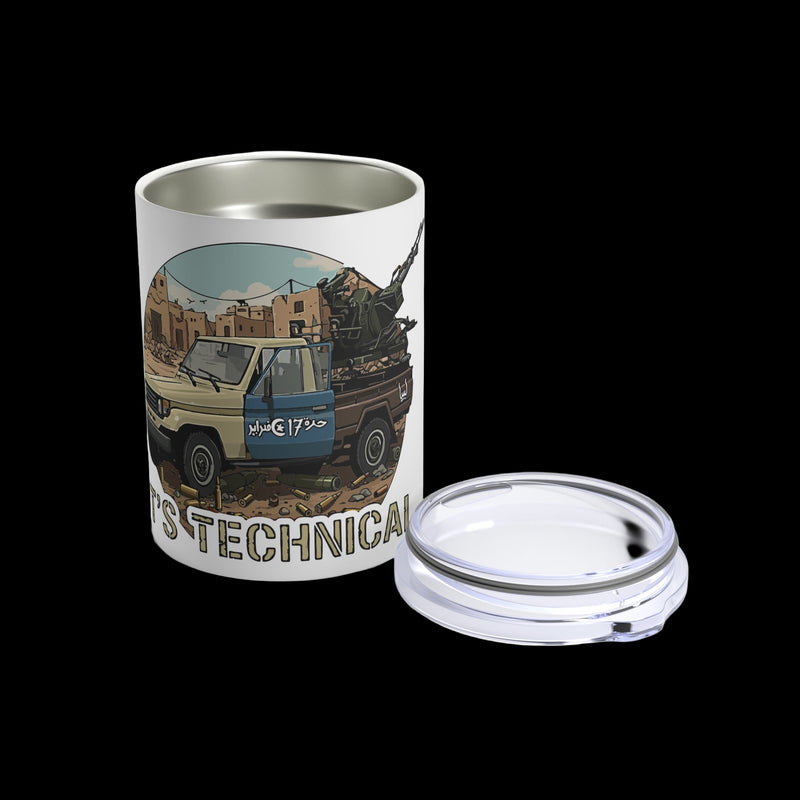 Tumbler with a vehicle design and text on a white background