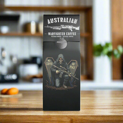 Australian Warfighter Coffee packaging with a skeleton holding a rifle and crossbones design.